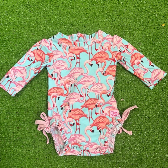RuffleButts Baby Girl 0-3m Flamingo Summer Swimsuit Rash Guard - Picture 1 of 4